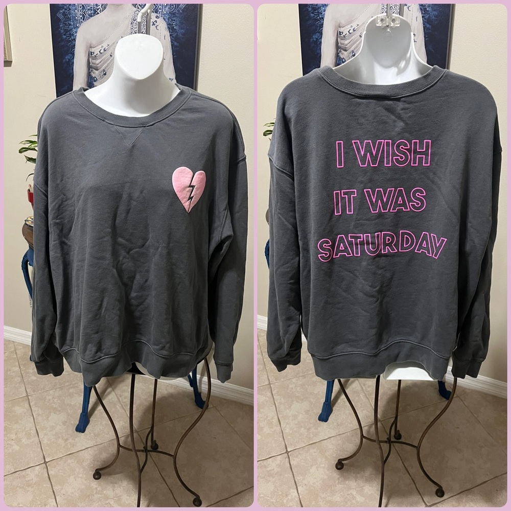 Wildfox I Wish It Was Saturday Gray Graphic Crewneck Sweatshirt XL